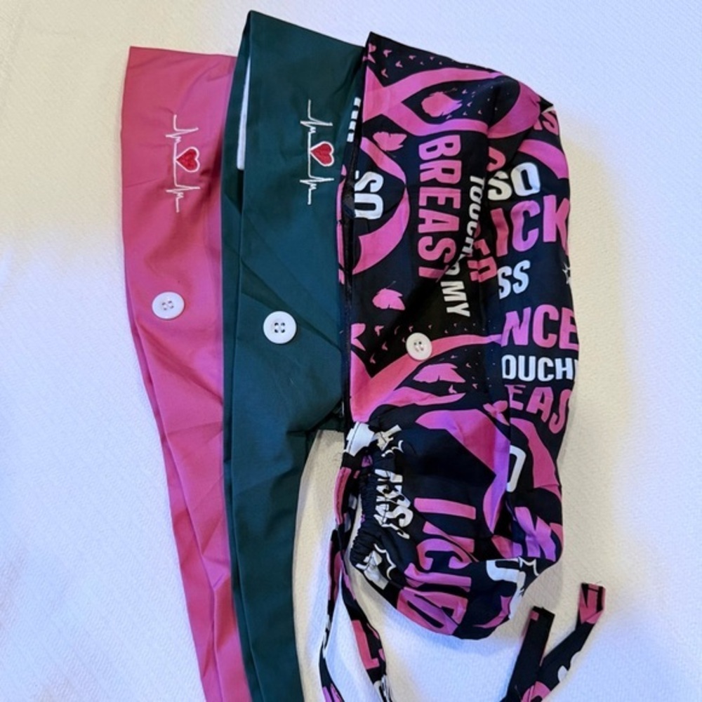 NWOT Bundle of three medical scrub caps with ties and face mask buttons